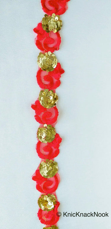 Red Lace Trim, Tissue Fabric Cutwork With Floral Embroidery & Gold Sequins,